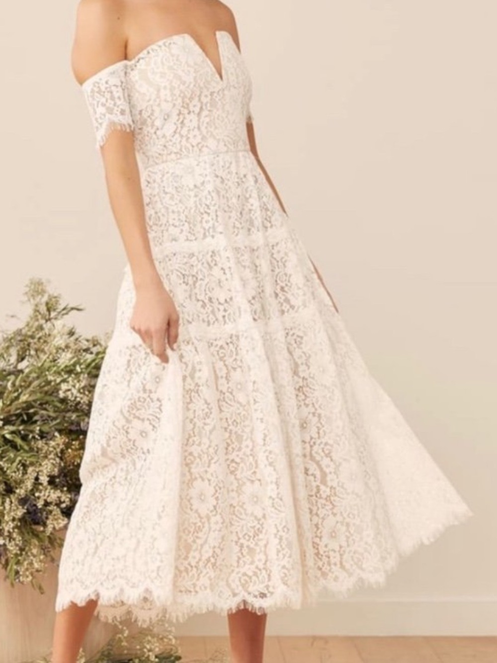 Lulus Absolutely Stunning White Lace Off The Shoulder Midi Dress Size XL